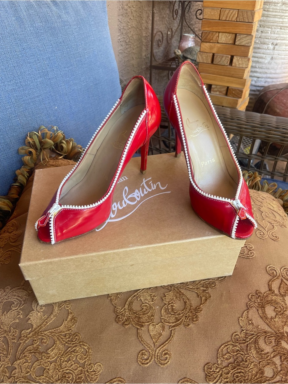 Christian Louboutin Red Patent Peep-Toe Zipper Trim Pumps